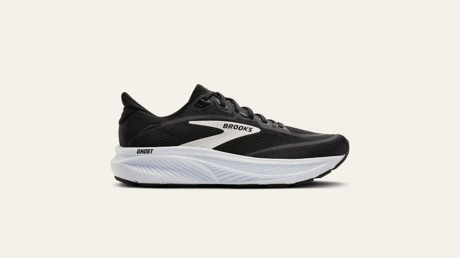 Women's Brooks Ghost 18 running shoe in black, grey and white