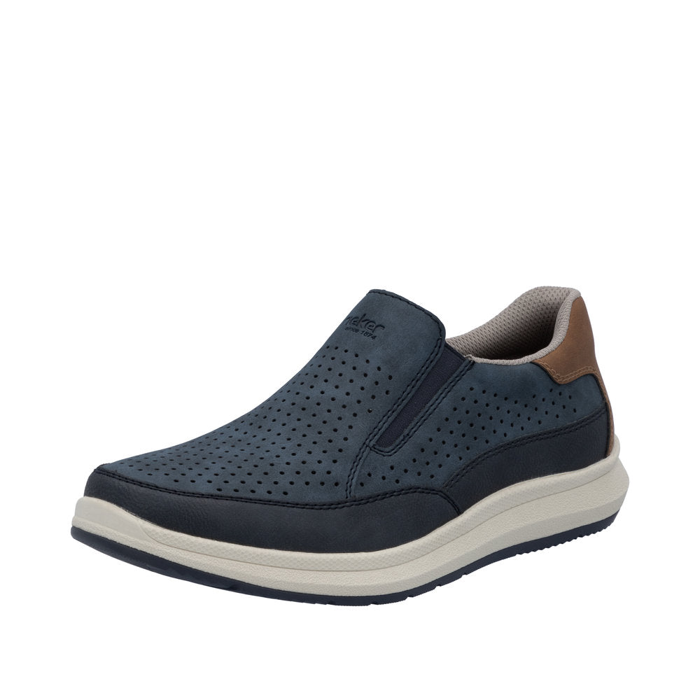 Rieker Reinhard men's slip-on in Lake/Denim/Nuss, front three-quarter view