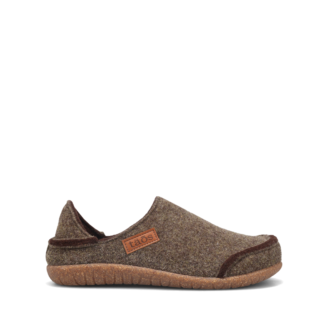 Taos Convertawool unisex slipper in Brown/Olive, outside view