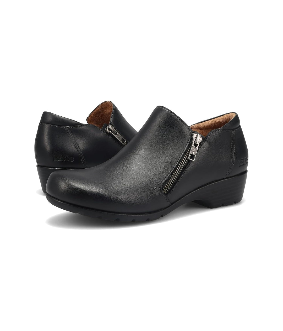Taos Daily womens black leather slip-on shoe with side zipper and block heel
