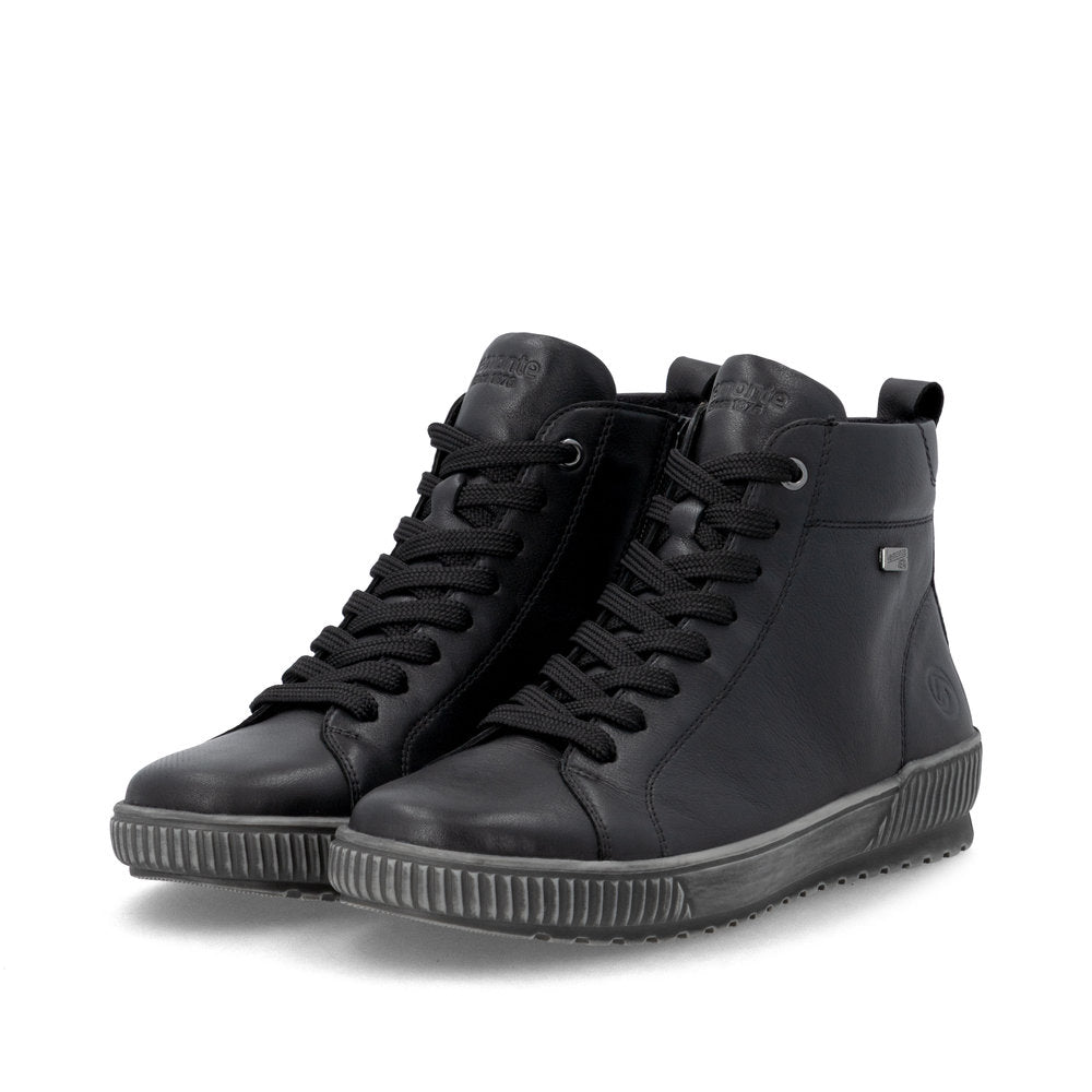 Pair of Remonte Maditta 82 D0782-00 black lace-up high-top booties, three-quarter view