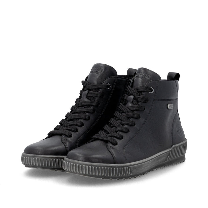 Pair of Remonte Maditta 82 D0782-00 black lace-up high-top booties, three-quarter view