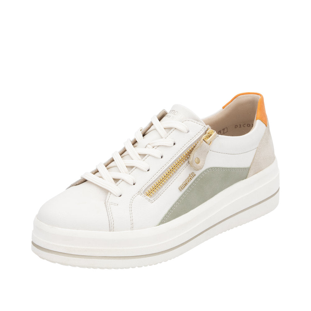 Remonte Julika women's sneaker in Off White/Orange, front three-quarter view