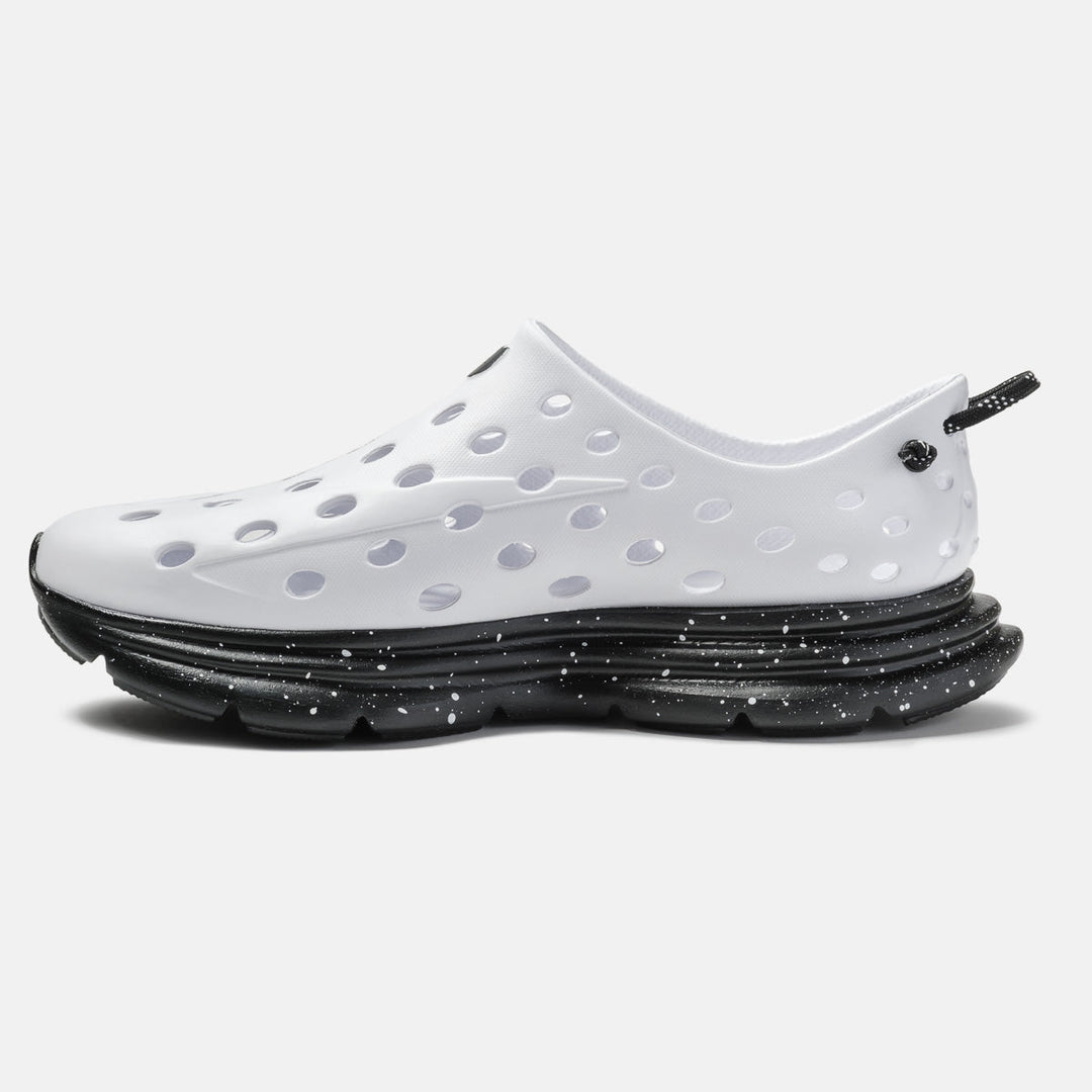 Kane Revive unisex recovery shoe in White / Black Speckle, side view