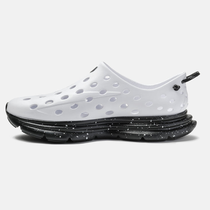 Kane Revive unisex recovery shoe in White / Black Speckle, side view