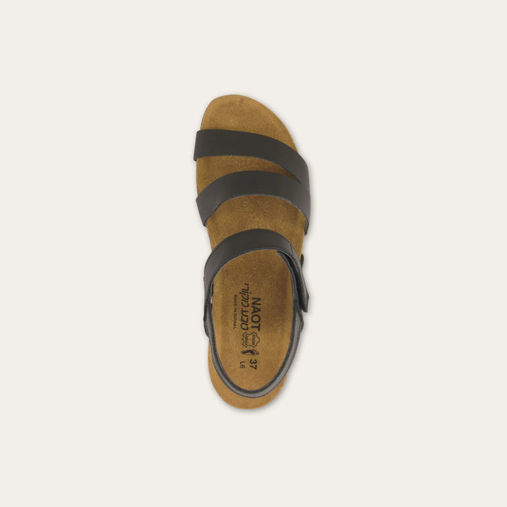 Naot Kayla in Black Matte Leather, top view showing straps and footbed