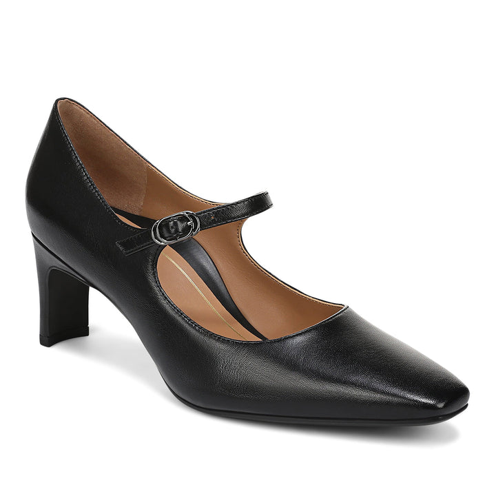 Vionic Samira black leather Mary Jane heel, angled view