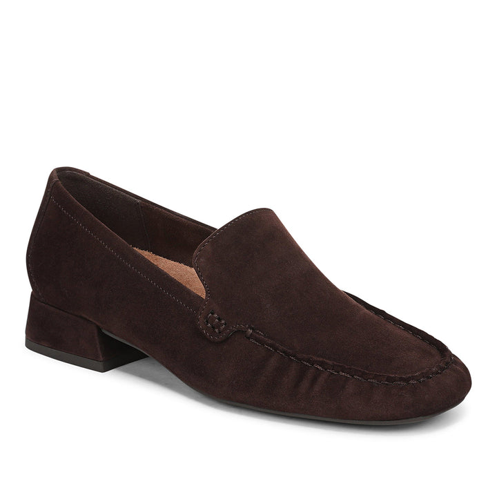 Vionic Pilar chocolate suede loafer, angled view