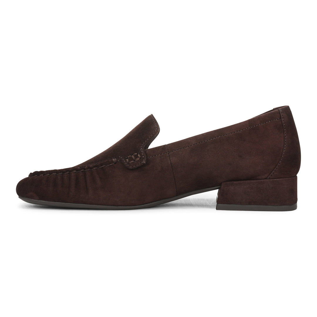 Vionic Pilar chocolate suede loafer, left side view