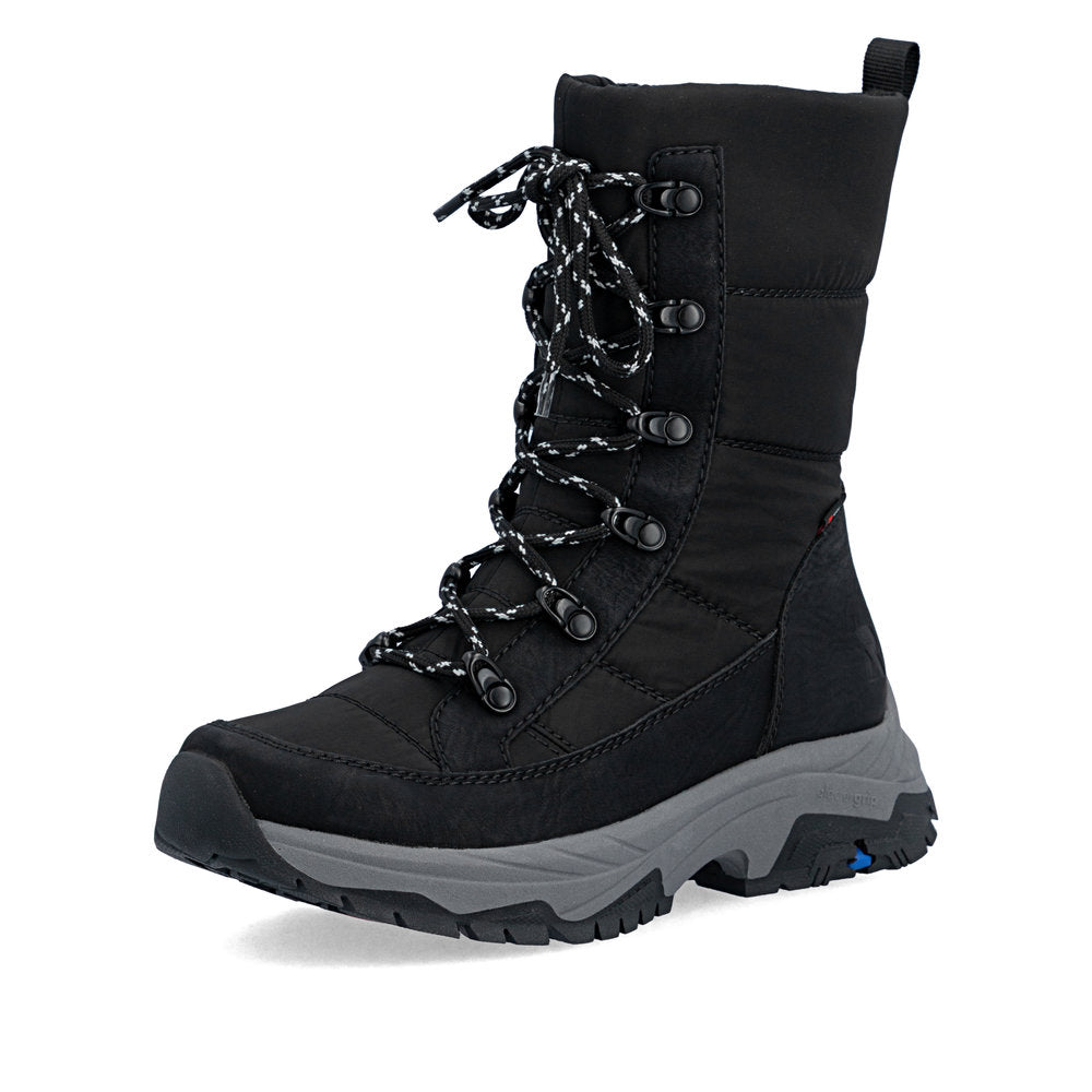 Rieker Gianna 50 black boot with flecked laces, three-quarter view