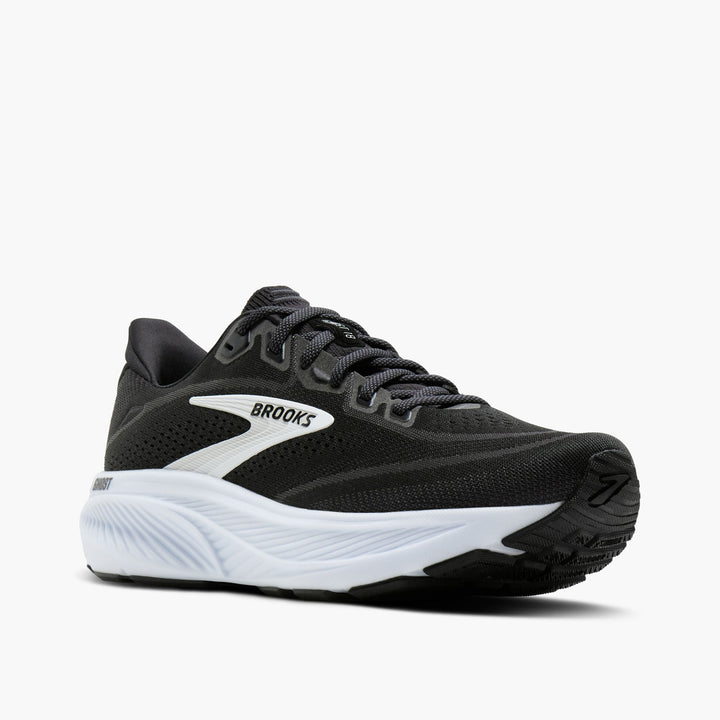 Mens Brooks Ghost 18 in Black/Grey/White, angled side view