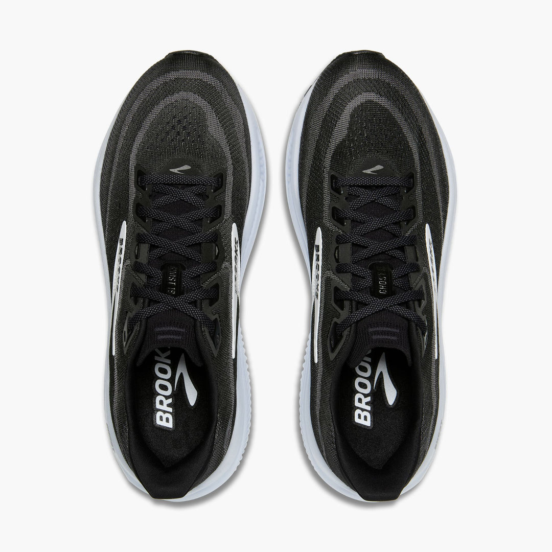 Mens Brooks Ghost 18 in Black/Grey/White, top view of both shoes